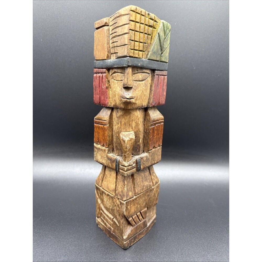 Vintage Aztec Mayan Statue Carved Wood Totem Pole